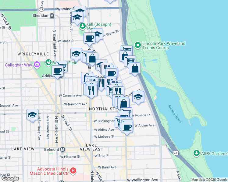 map of restaurants, bars, coffee shops, grocery stores, and more near 660 West Cornelia Avenue in Chicago