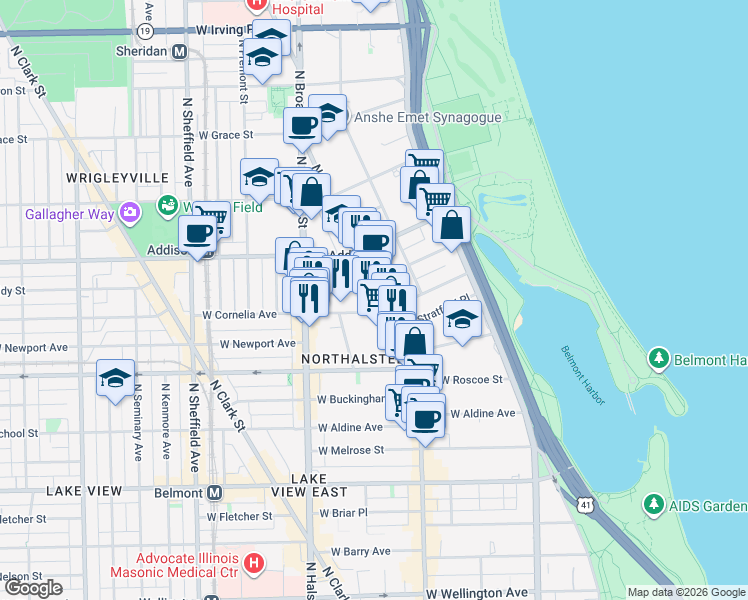 map of restaurants, bars, coffee shops, grocery stores, and more near 660 West Cornelia Avenue in Chicago