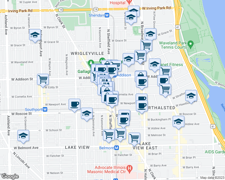 map of restaurants, bars, coffee shops, grocery stores, and more near 3519 North Sheffield Avenue in Chicago
