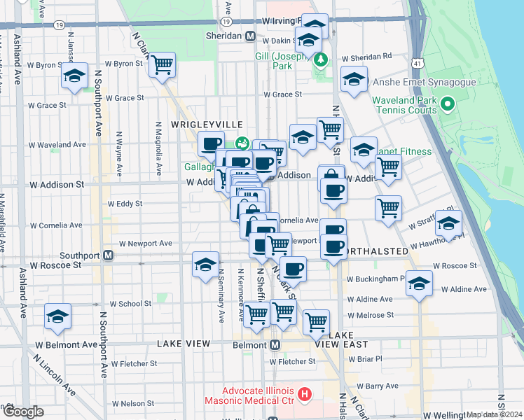 map of restaurants, bars, coffee shops, grocery stores, and more near 3519 North Sheffield Avenue in Chicago