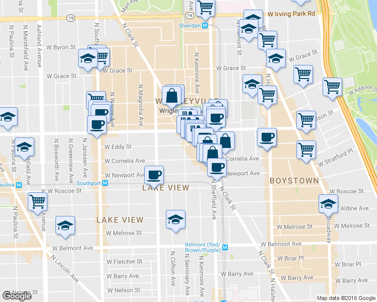 map of restaurants, bars, coffee shops, grocery stores, and more near 1100 West Cornelia Avenue in Chicago