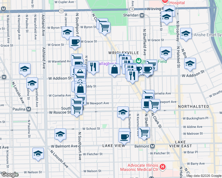 map of restaurants, bars, coffee shops, grocery stores, and more near 1217 West Eddy Street in Chicago