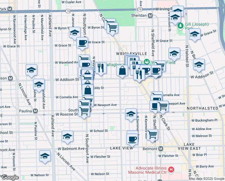 map of restaurants, bars, coffee shops, grocery stores, and more near 1217 West Eddy Street in Chicago