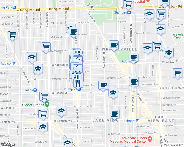 map of restaurants, bars, coffee shops, grocery stores, and more near 3517 North Lakewood Avenue in Chicago