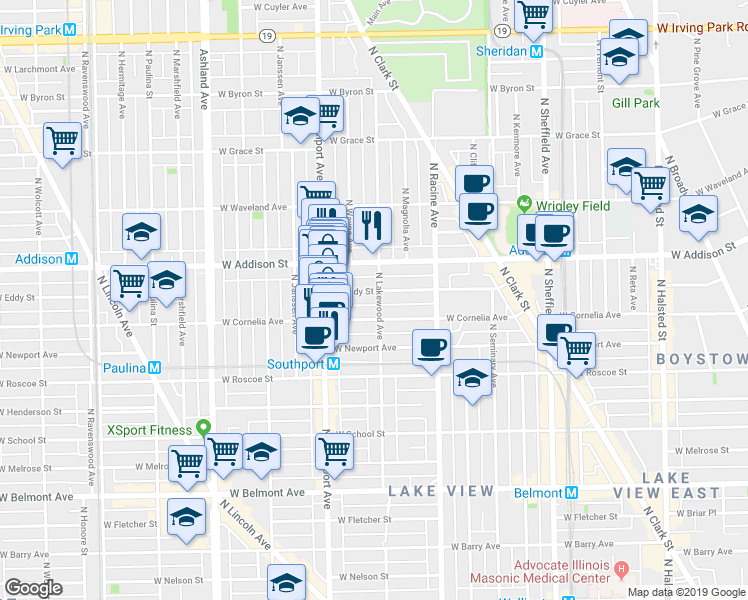 map of restaurants, bars, coffee shops, grocery stores, and more near 3517 North Lakewood Avenue in Chicago