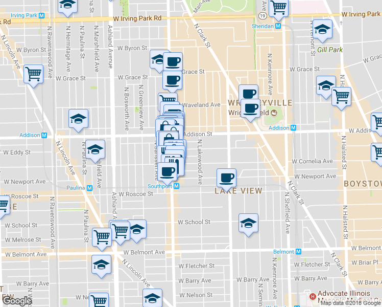 map of restaurants, bars, coffee shops, grocery stores, and more near 1333 West Eddy Street in Chicago
