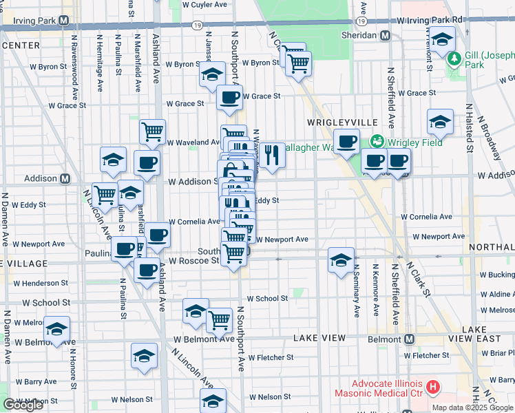 map of restaurants, bars, coffee shops, grocery stores, and more near 1333 West Eddy Street in Chicago