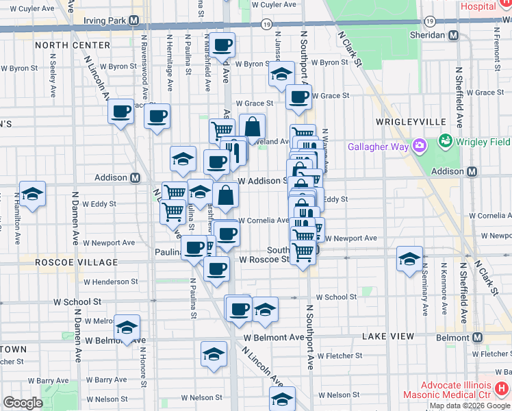map of restaurants, bars, coffee shops, grocery stores, and more near 3527 North Bosworth Avenue in Chicago