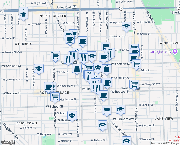 map of restaurants, bars, coffee shops, grocery stores, and more near 3531 North Hermitage Avenue in Chicago