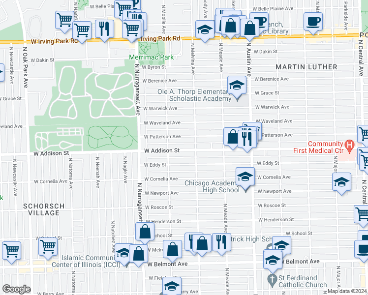 map of restaurants, bars, coffee shops, grocery stores, and more near 6240 West Addison Street in Chicago
