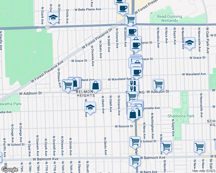 map of restaurants, bars, coffee shops, grocery stores, and more near 3625 North Oketo Avenue in Chicago