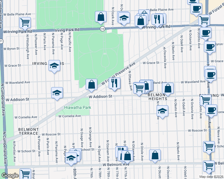 map of restaurants, bars, coffee shops, grocery stores, and more near 7719 West Patterson Avenue in Chicago