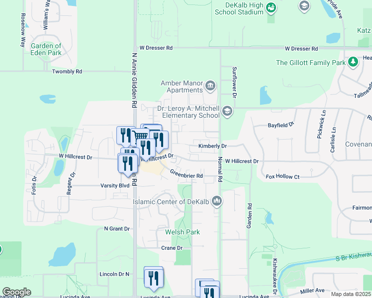 map of restaurants, bars, coffee shops, grocery stores, and more near 906 Kimberly Drive in DeKalb