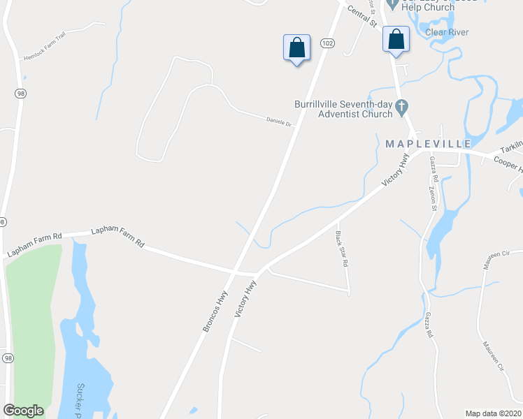 map of restaurants, bars, coffee shops, grocery stores, and more near 600 Broncos Highway in Burrillville