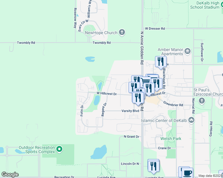 map of restaurants, bars, coffee shops, grocery stores, and more near 1036 Regent Drive in DeKalb