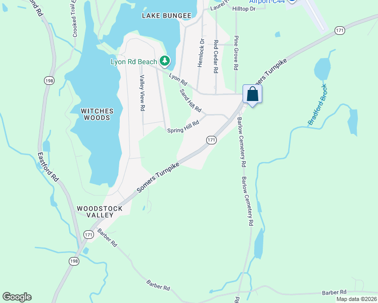map of restaurants, bars, coffee shops, grocery stores, and more near 1565 Connecticut 171 in Woodstock