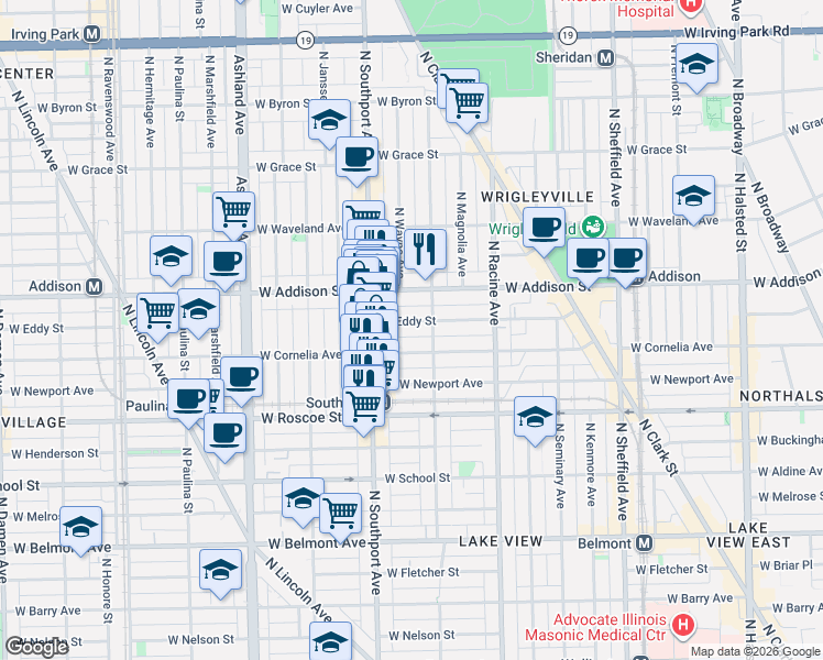 map of restaurants, bars, coffee shops, grocery stores, and more near 1333 West Eddy Street in Chicago