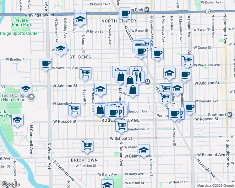 map of restaurants, bars, coffee shops, grocery stores, and more near 3533 North Seeley Avenue in Chicago
