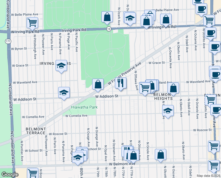 map of restaurants, bars, coffee shops, grocery stores, and more near 3622 North Ozanam Avenue in Chicago