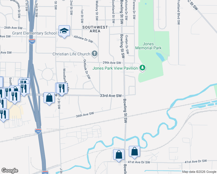 map of restaurants, bars, coffee shops, grocery stores, and more near 3115-3131 Southland Street Southwest in Cedar Rapids