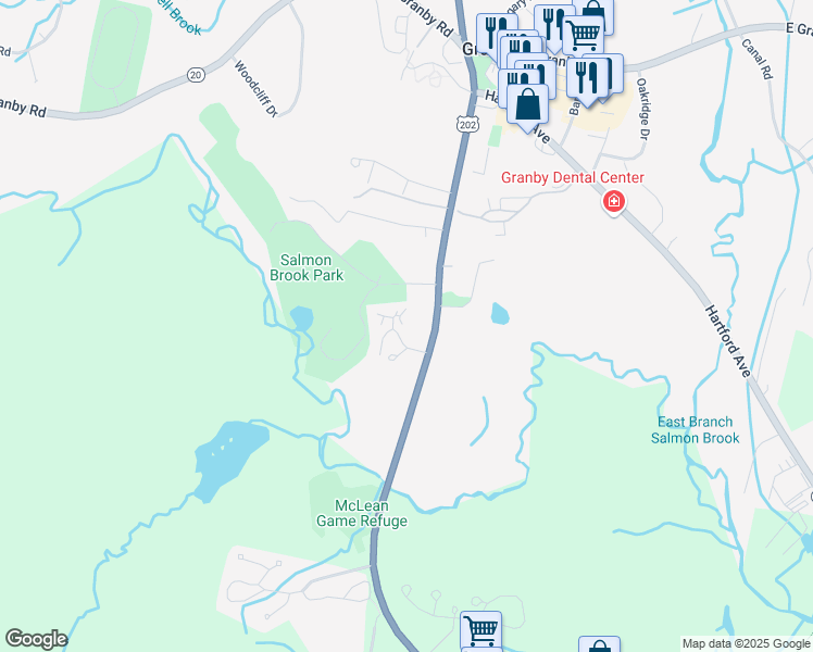 map of restaurants, bars, coffee shops, grocery stores, and more near 7 Dogwood Court in Granby