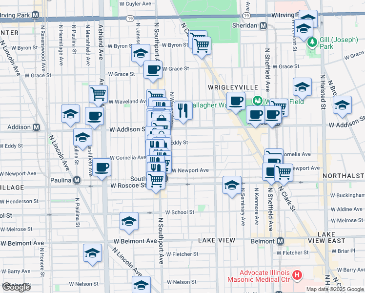 map of restaurants, bars, coffee shops, grocery stores, and more near 1307 West Eddy Street in Chicago