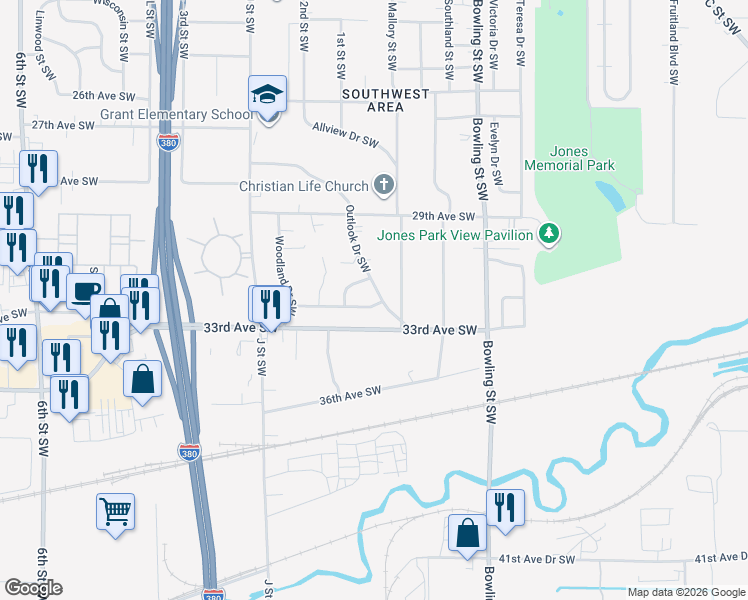 map of restaurants, bars, coffee shops, grocery stores, and more near 3120 Outlook Drive Southwest in Cedar Rapids
