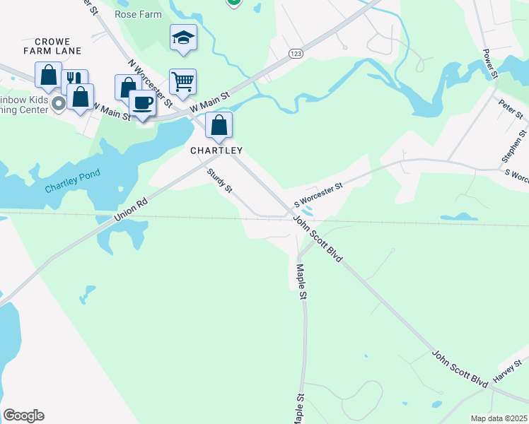 map of restaurants, bars, coffee shops, grocery stores, and more near 9 Sturdy Street in Norton