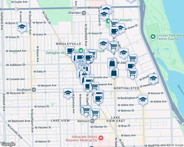 map of restaurants, bars, coffee shops, grocery stores, and more near 3514 North Wilton Avenue in Chicago