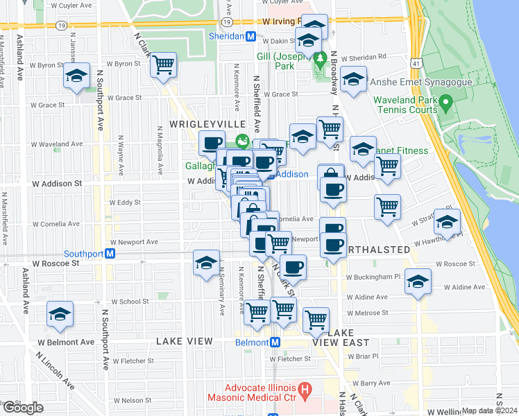 map of restaurants, bars, coffee shops, grocery stores, and more near 3514 N Sheffield Ave in Chicago