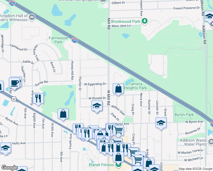 map of restaurants, bars, coffee shops, grocery stores, and more near 603 West Eggerding Drive in Addison