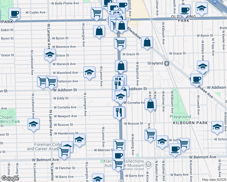 map of restaurants, bars, coffee shops, grocery stores, and more near 4839 West Addison Street in Chicago