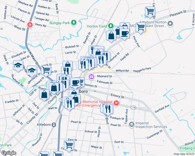 map of restaurants, bars, coffee shops, grocery stores, and more near 9 Maynard Street in Attleboro