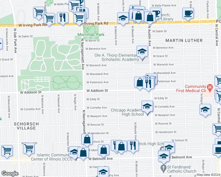 map of restaurants, bars, coffee shops, grocery stores, and more near 6240 West Addison Street in Chicago