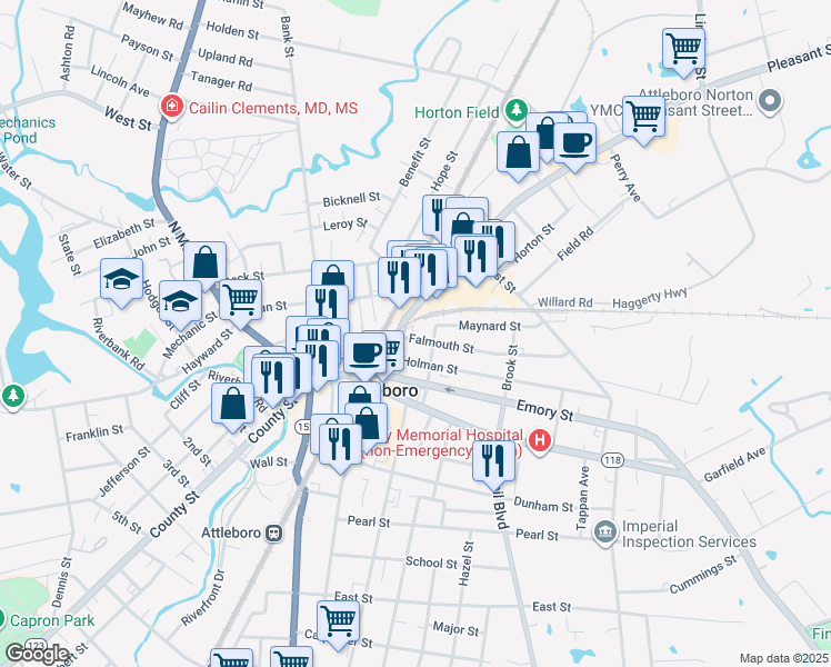 map of restaurants, bars, coffee shops, grocery stores, and more near 10 Falmouth Street in Attleboro
