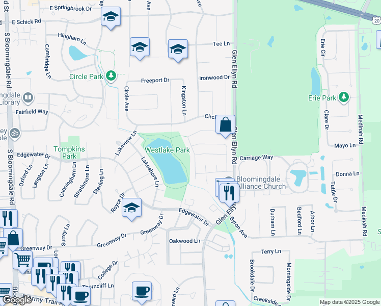 map of restaurants, bars, coffee shops, grocery stores, and more near 227 Stanyon Lane in Bloomingdale