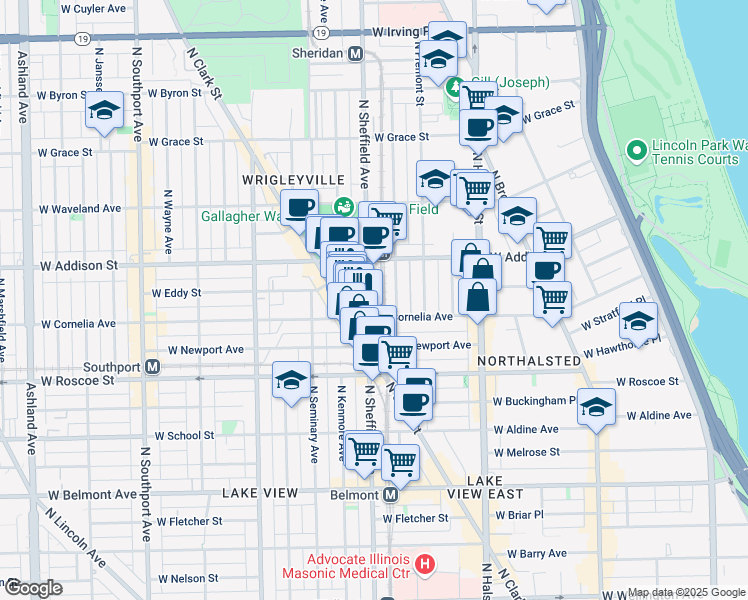 map of restaurants, bars, coffee shops, grocery stores, and more near 3515 North Sheffield Avenue in Chicago
