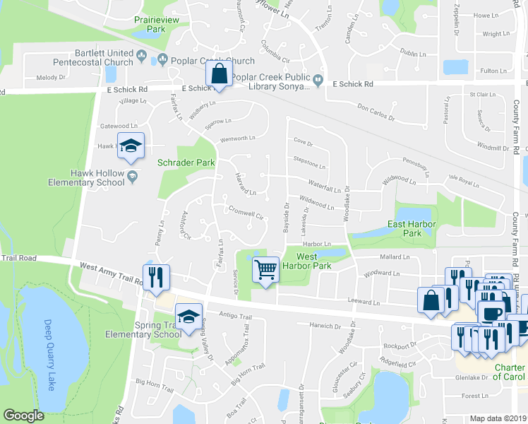 map of restaurants, bars, coffee shops, grocery stores, and more near 430 Cromwell Circle in Bartlett