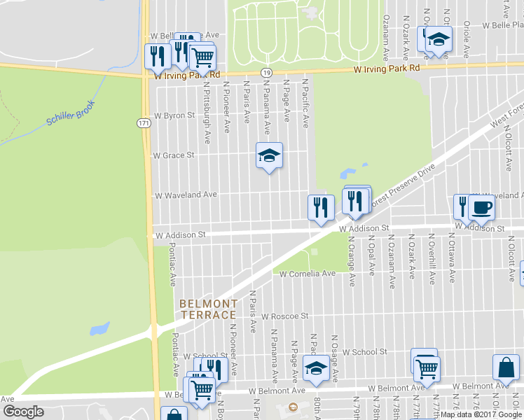 map of restaurants, bars, coffee shops, grocery stores, and more near 3630 North Panama Avenue in Chicago