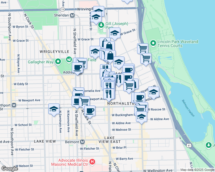 map of restaurants, bars, coffee shops, grocery stores, and more near 3522 North Halsted Street in Chicago