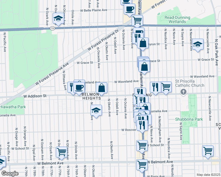 map of restaurants, bars, coffee shops, grocery stores, and more near 3625 North Oketo Avenue in Chicago