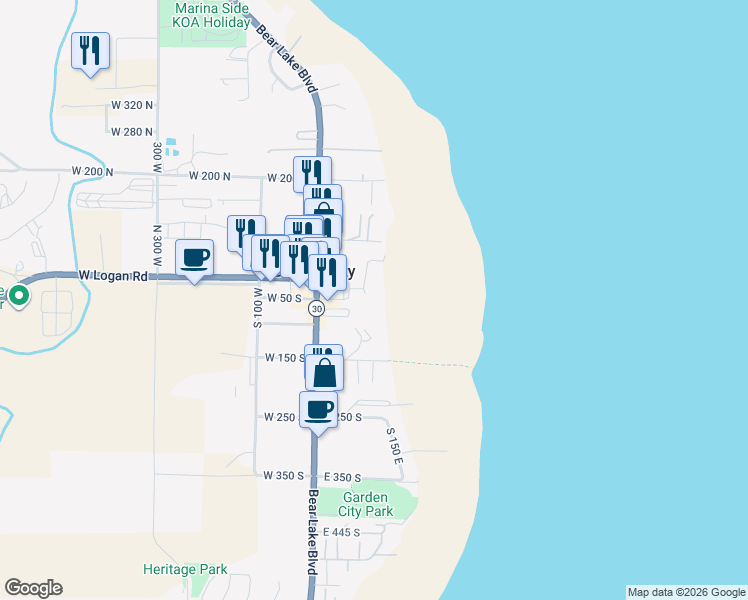 map of restaurants, bars, coffee shops, grocery stores, and more near 20 South Lakeside Drive in Garden City