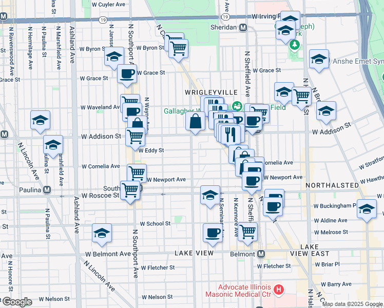 map of restaurants, bars, coffee shops, grocery stores, and more near 3511 North Racine Avenue in Chicago