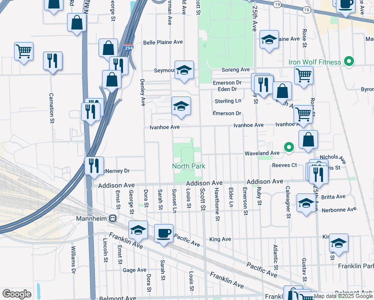 map of restaurants, bars, coffee shops, grocery stores, and more near 3654 Scott Street in Franklin Park
