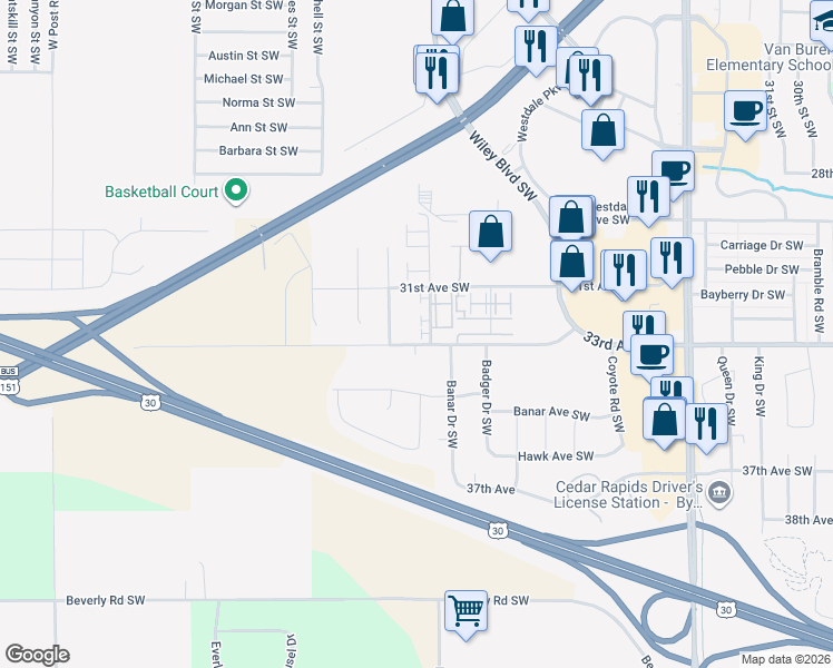 map of restaurants, bars, coffee shops, grocery stores, and more near 3230 Samuel Court Southwest in Cedar Rapids
