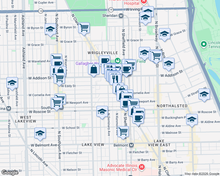 map of restaurants, bars, coffee shops, grocery stores, and more near 3522 North Seminary Avenue in Chicago