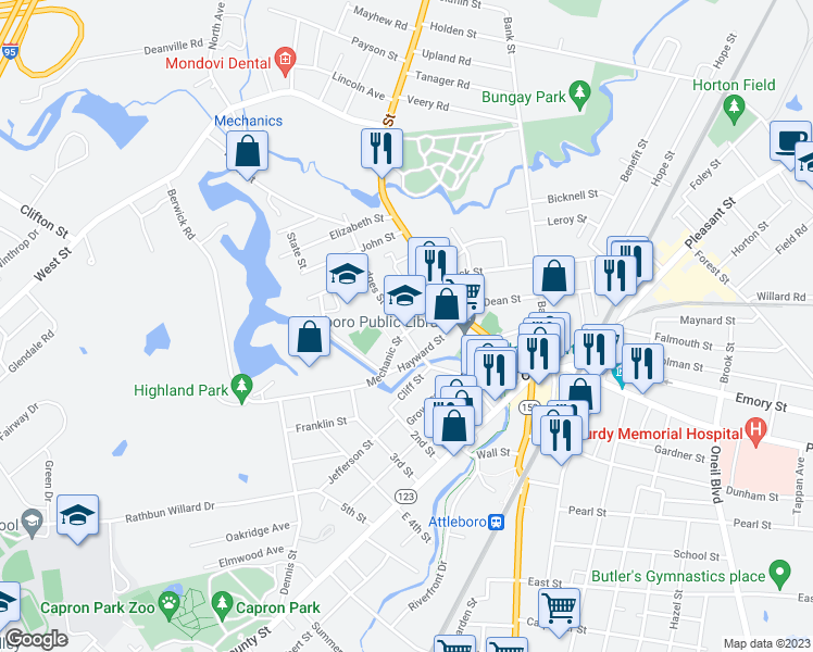 map of restaurants, bars, coffee shops, grocery stores, and more near 19 Mechanic Street in Attleboro