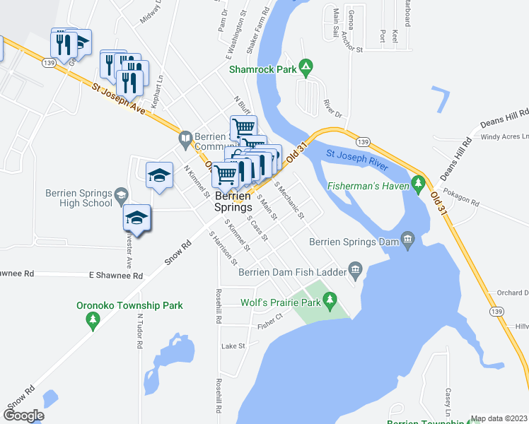 map of restaurants, bars, coffee shops, grocery stores, and more near 201 South Main Street in Berrien Springs