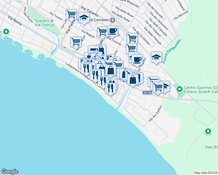map of restaurants, bars, coffee shops, grocery stores, and more near 29 Via Lazio in Ladispoli