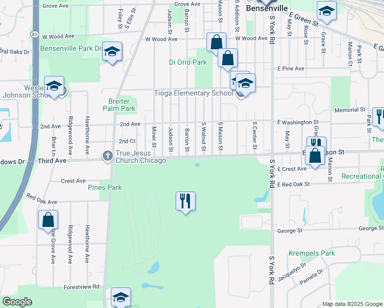map of restaurants, bars, coffee shops, grocery stores, and more near 457 Barron Street in Bensenville
